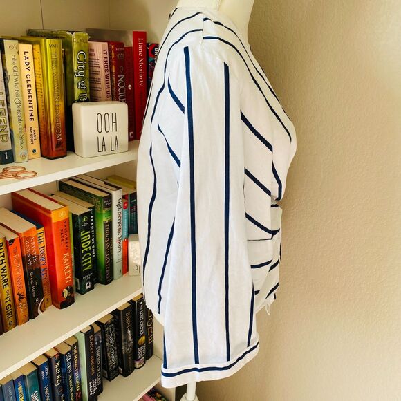 ZARA White Blue Stripe Front-Side Tie Front Long Sleeve Folded Cuffs Top Size XS - Picture 4 of 6